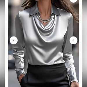 NWT Mooyius Satin Blouse Silver Draped Neck Long Sleeve Top XL